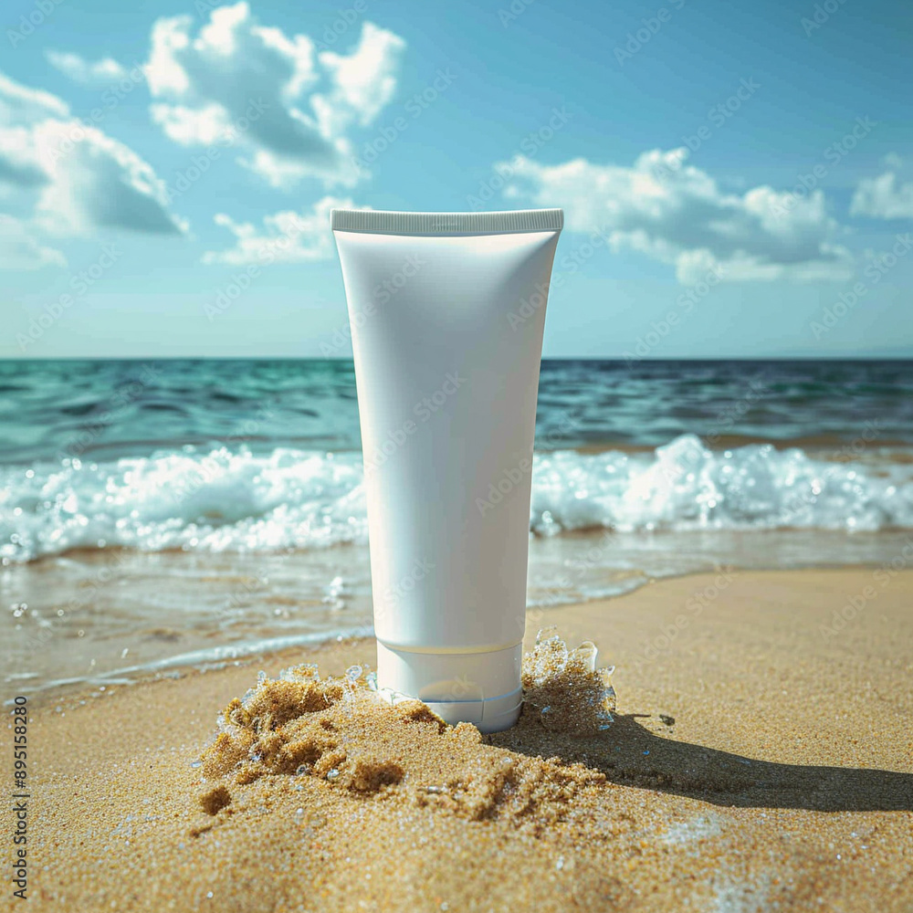 Template of a tube of sun cream on the background of the beach with the sea, cosmetics Template of a tube of sun cream on the background of the beach with the sea, cosmetics