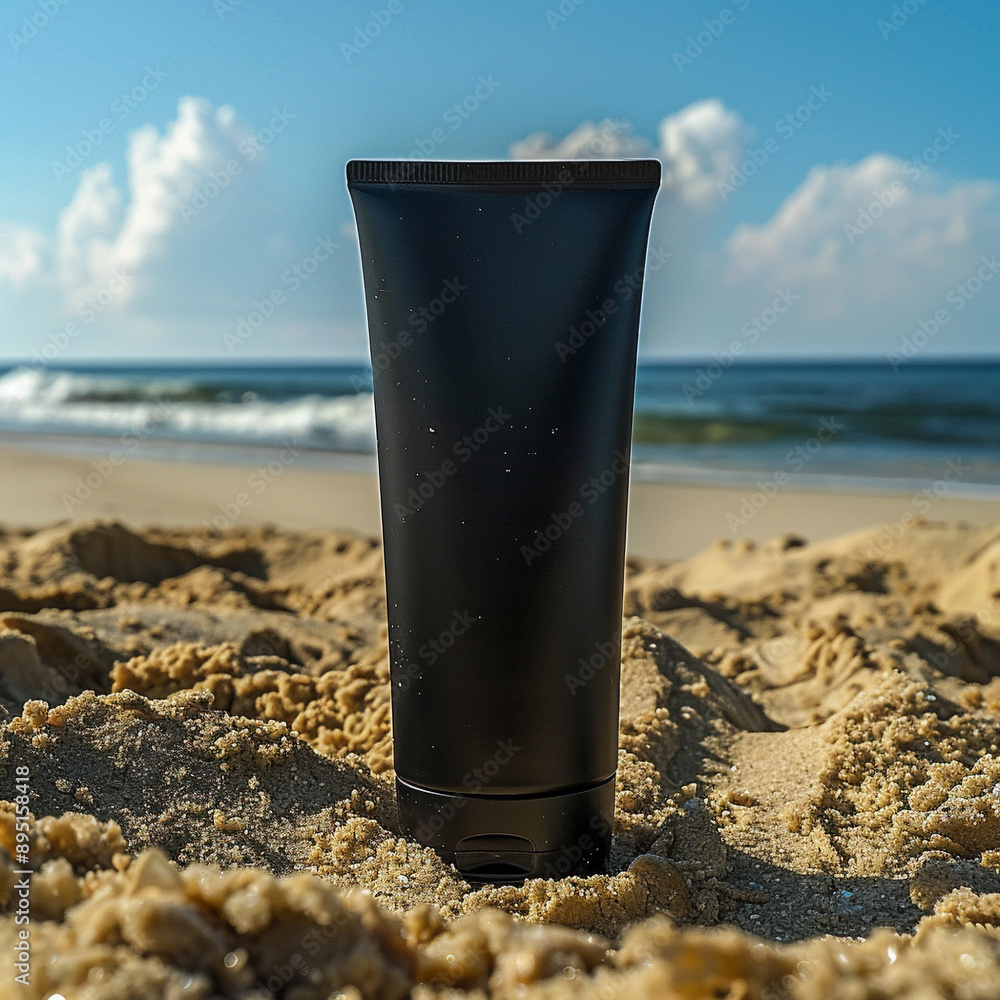 Template of a tube of sun cream on the background of the beach with the sea, cosmetics Template of a tube of sun cream on the background of the beach with the sea, cosmetics