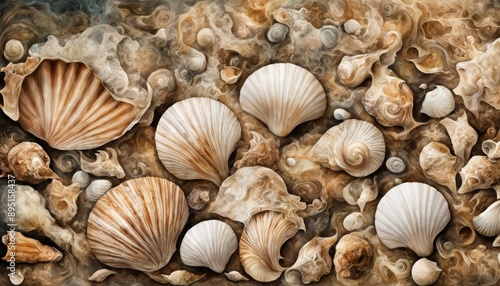 Abstract image shows a collection of seashells