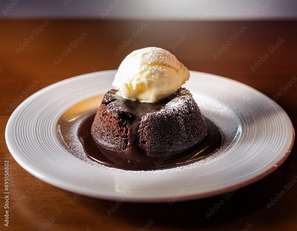 A decadent chocolate lava cake with molten chocolate oozing out, served with a scoop of vanila A decadent chocolate lava cake with molten chocolate oozing out, served with a scoop of vanila