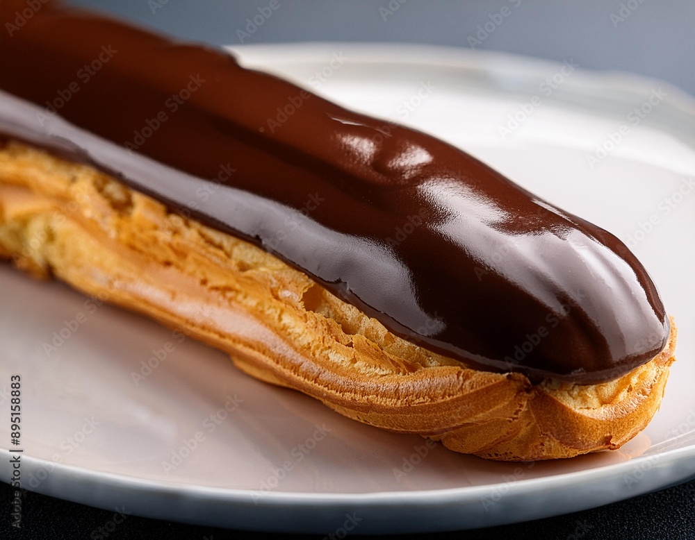 A decadent éclair filled with creamy custard and topped with glossy chocolate ganache. A decadent éclair filled with creamy custard and topped with glossy chocolate ganache.