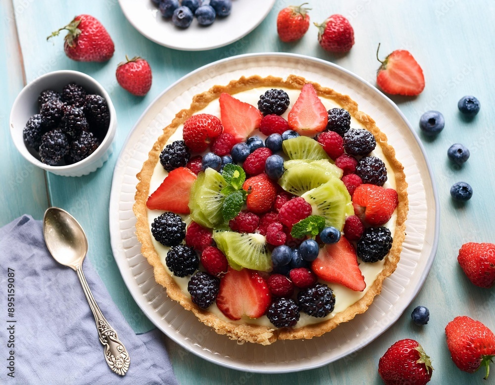 A delicate fruit tart with a crisp crust, filled with pastry cream and topped with a variety A delicate fruit tart with a crisp crust, filled with pastry cream and topped with a variety