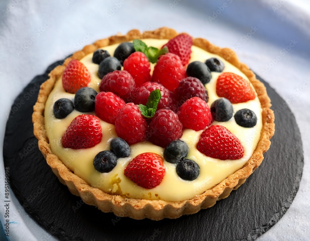 A delicate fruit tart with a crisp crust, filled with pastry cream and topped with a variety A delicate fruit tart with a crisp crust, filled with pastry cream and topped with a variety