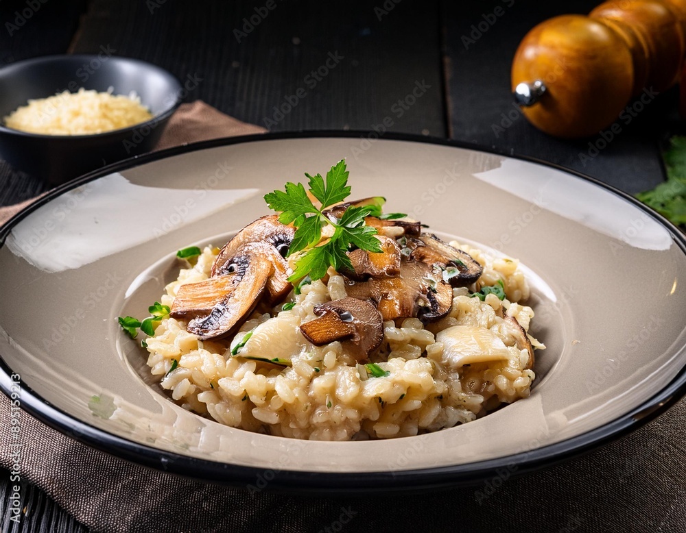 A dish of creamy risotto with mushrooms, Parmesan cheese, and a garnish of fresh parsley. A dish of creamy risotto with mushrooms, Parmesan cheese, and a garnish of fresh parsley.