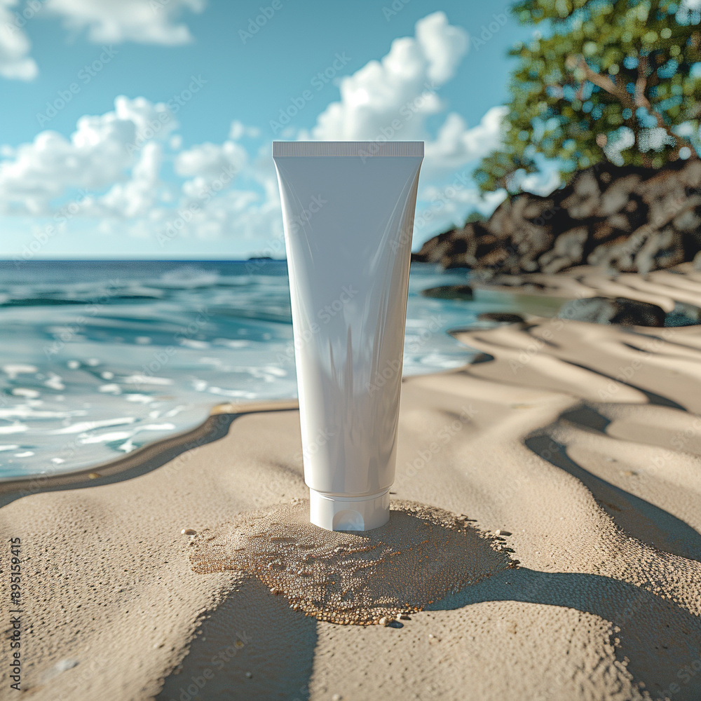 Template of a tube of sun cream on the background of the beach with the sea, cosmetics Template of a tube of sun cream on the background of the beach with the sea, cosmetics