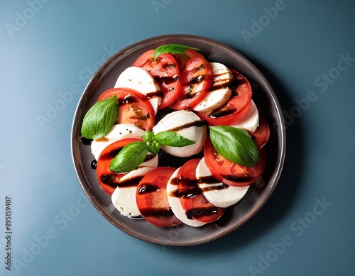 A fresh caprese salad with ripe tomatoes, mozzarella, basil leaves, and a drizzle of balsami. photo