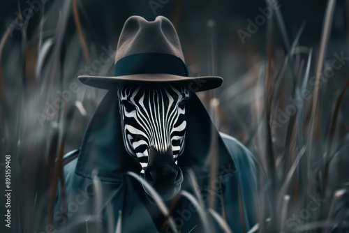 A zebra wearing a detectives trench coat and hat is investigating a supernatural scene with copy space photo