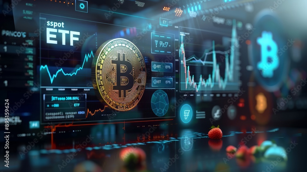 Digital representation of cryptocurrency trading market analysis involving Bitcoin, ETFs, and charts Digital representation of cryptocurrency trading market analysis involving Bitcoin, ETFs, and charts