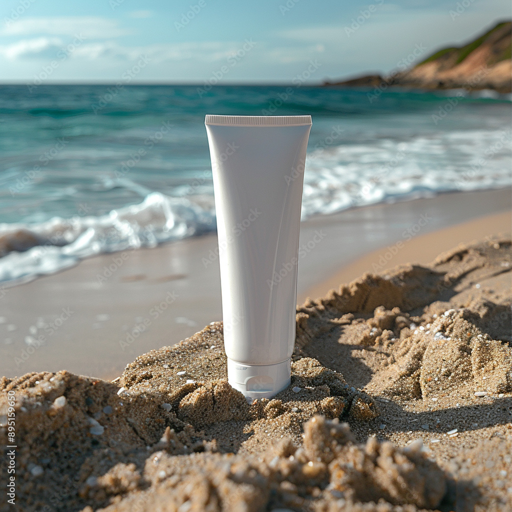Template of a tube of sun cream on the background of the beach with the sea, cosmetics Template of a tube of sun cream on the background of the beach with the sea, cosmetics