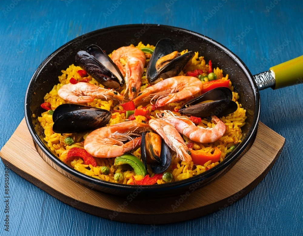 A fresh seafood paella with saffron rice, shrimp, mussels, and colorful bell peppers. A fresh seafood paella with saffron rice, shrimp, mussels, and colorful bell peppers.