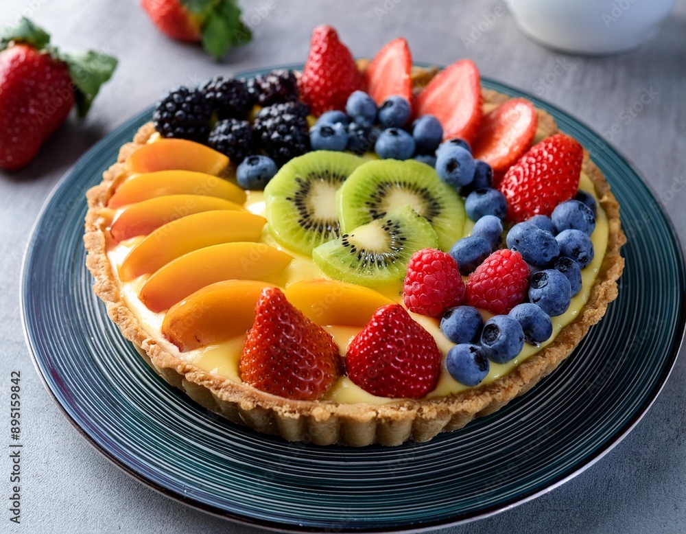 A fresh fruit tart with a buttery crust, creamy custard filling, and an array of colorful A fresh fruit tart with a buttery crust, creamy custard filling, and an array of colorful