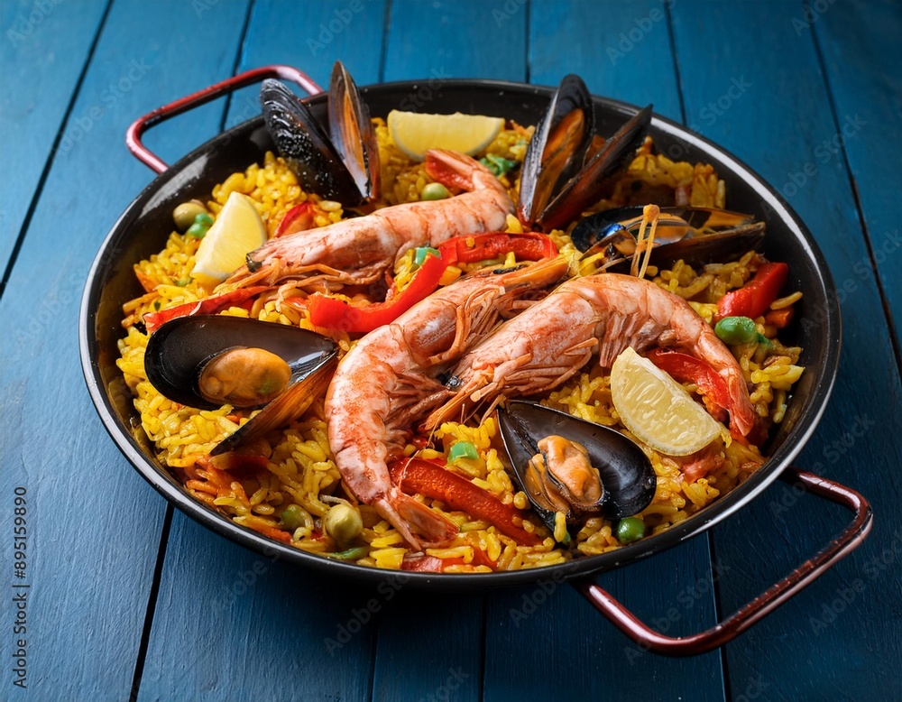 A fresh seafood paella with saffron rice, shrimp, mussels, and colorful bell peppers. A fresh seafood paella with saffron rice, shrimp, mussels, and colorful bell peppers.
