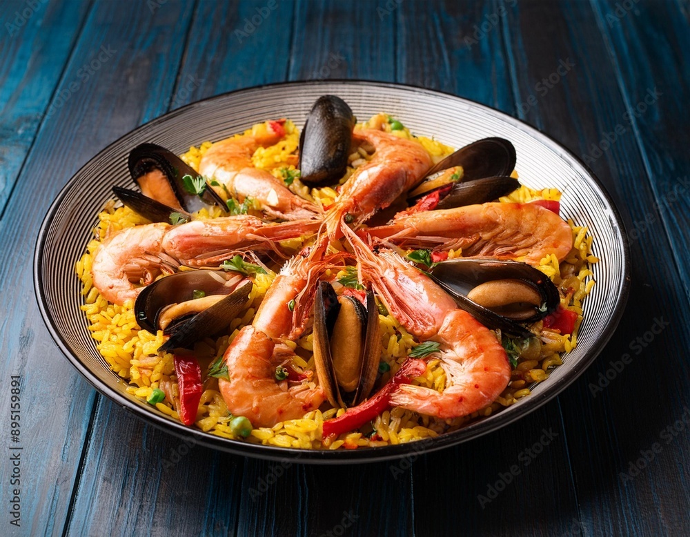A fresh seafood paella with saffron rice, shrimp, mussels, and colorful bell peppers. A fresh seafood paella with saffron rice, shrimp, mussels, and colorful bell peppers.