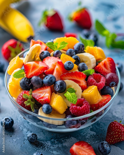 Fototapeta Naklejka Na Ścianę i Meble -  Vibrant fruits for salad with strawberries, blueberries, and bananas in clear bowl