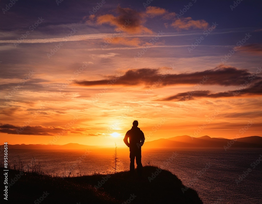 A lone figure silhouetted against a vibrant sunset, contemplating the horizon A lone figure silhouetted against a vibrant sunset, contemplating the horizon