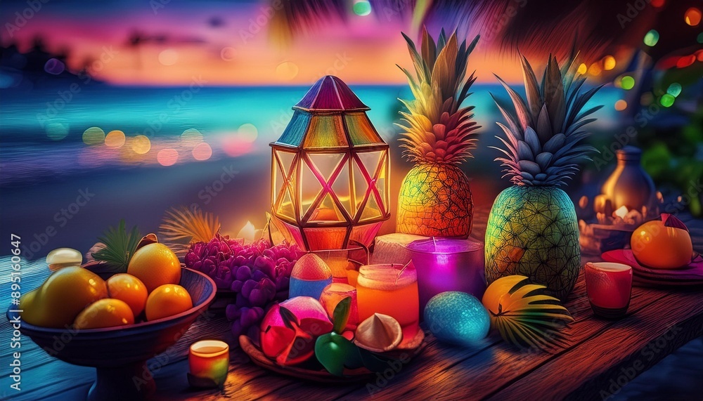 Fototapeta premium Party fruits and lamp lighting to enjoy at the sea