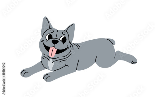 Cute dog lying flat. Funny sweet puppy smiling. Adorable doggy of French bulldog breed, canine cartoon animal. Flat vector illustration isolated on white background