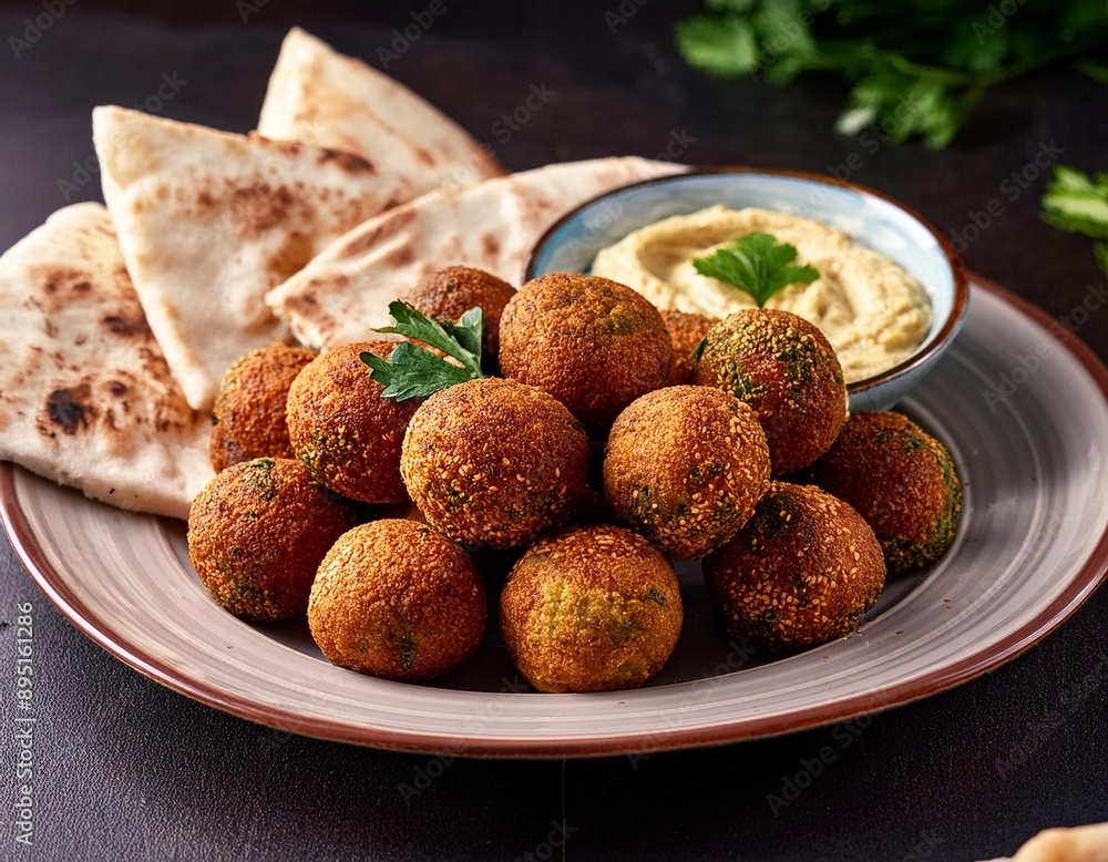 A plate of deliciously seasoned, crispy falafel served with hummus and pita bread. A plate of deliciously seasoned, crispy falafel served with hummus and pita bread.