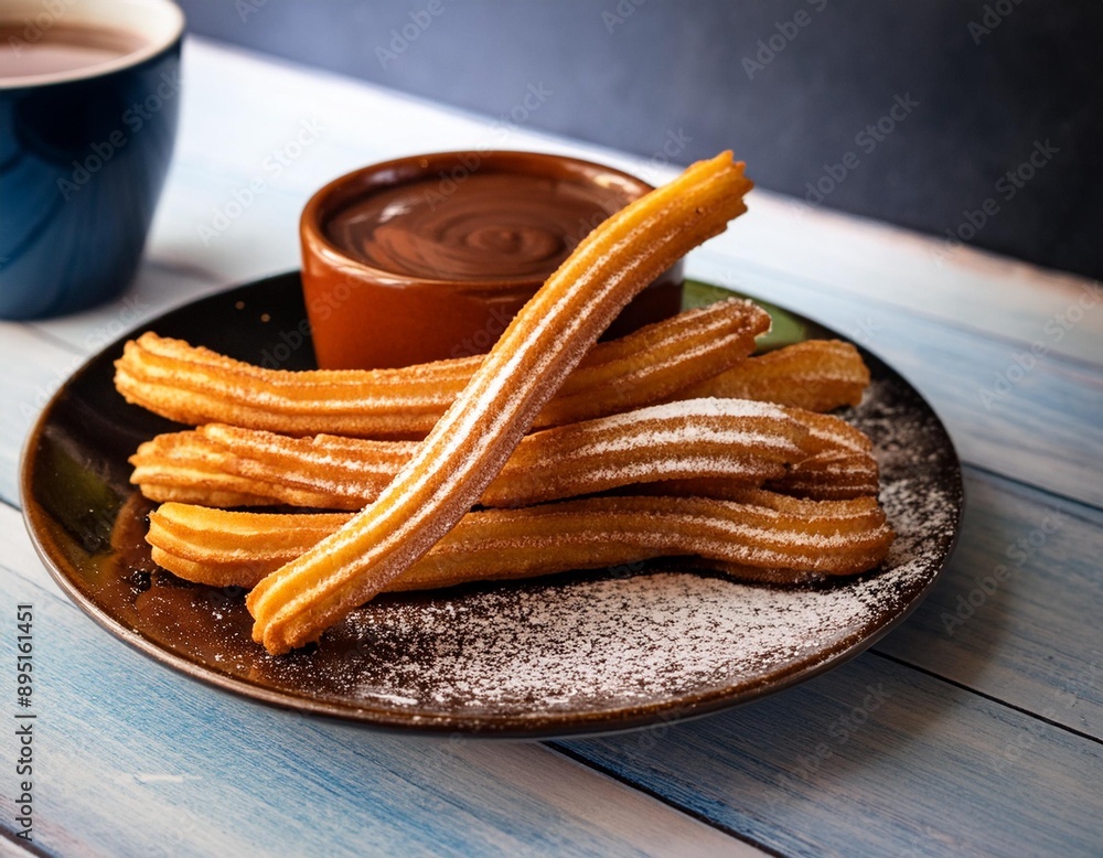 A plate of golden-brown churros dusted with cinnamon sugar and served with a cup A plate of golden-brown churros dusted with cinnamon sugar and served with a cup