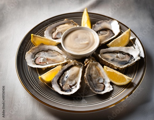  A plate of fresh oysters on the half shell with lemon wedges and a mignonette sauce.