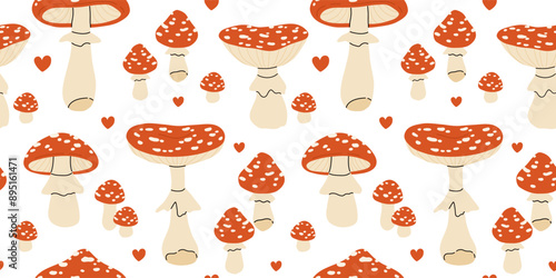 Fly agarics seamless pattern. Mushrooms with red cap and mold. Hallucinogenic food. Amanita muscaria collection isolated on white background. Toxic fungi. Vector background.