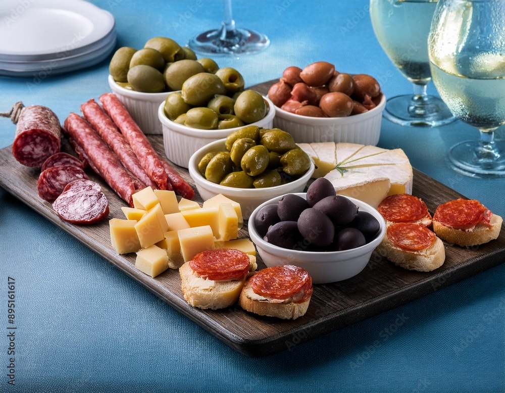 A platter of tapas with a variety of small bites, including olives, chorizo, and manchego A platter of tapas with a variety of small bites, including olives, chorizo, and manchego