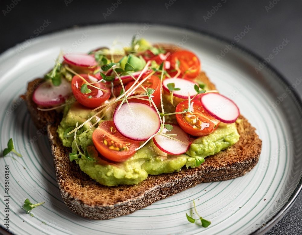 A rich and creamy avocado toast topped with cherry tomatoes, radish slices, and microgreens. A rich and creamy avocado toast topped with cherry tomatoes, radish slices, and microgreens.