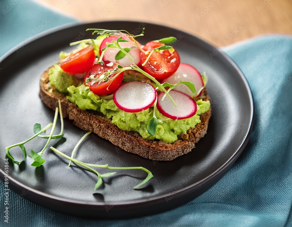 A rich and creamy avocado toast topped with cherry tomatoes, radish slices, and microgreens. A rich and creamy avocado toast topped with cherry tomatoes, radish slices, and microgreens.