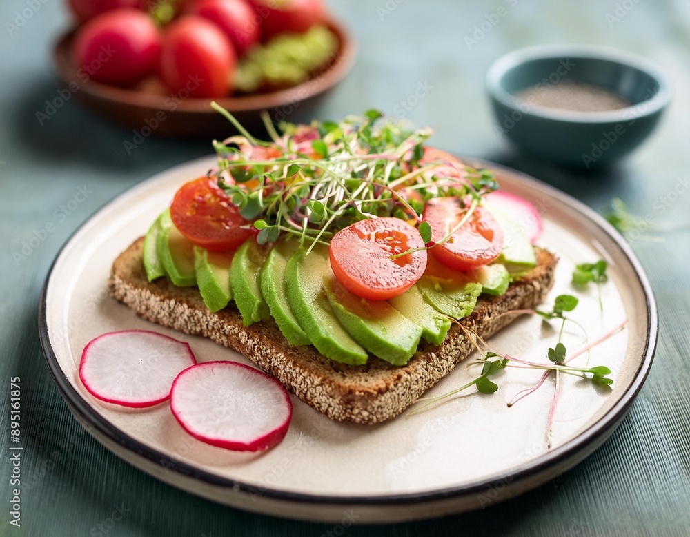 A rich and creamy avocado toast topped with cherry tomatoes, radish slices, and microgreens. A rich and creamy avocado toast topped with cherry tomatoes, radish slices, and microgreens.
