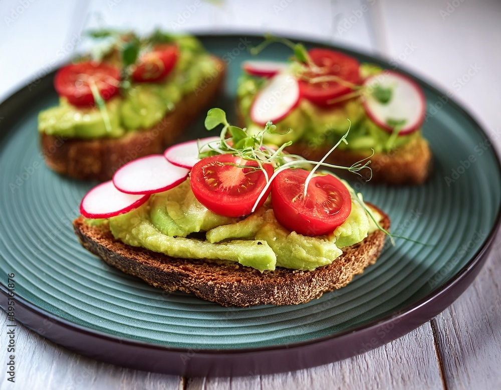 A rich and creamy avocado toast topped with cherry tomatoes, radish slices, and microgreens. A rich and creamy avocado toast topped with cherry tomatoes, radish slices, and microgreens.
