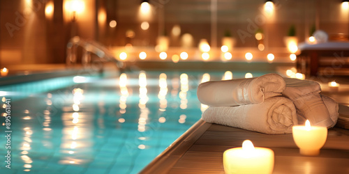 Photo of an indoor swimming pool in a spa setting with candles, white towels, and a massage table, right side empty for copy space, warm, inviting lighting