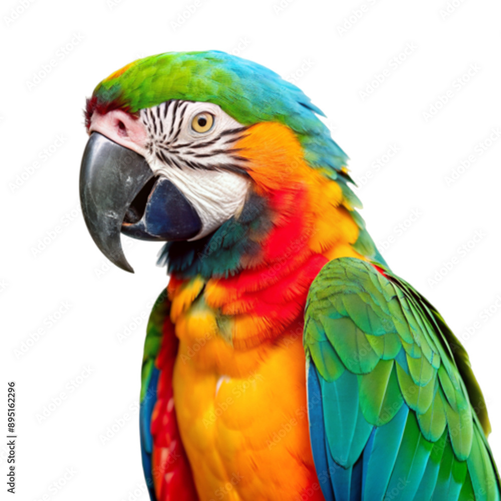 PSD colourful parrot on wooden branch isolated on transparent background PSD colourful parrot on wooden branch isolated on transparent background