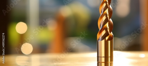 Sharp cnc drill bit in focus against blurred background of intricate machine workings