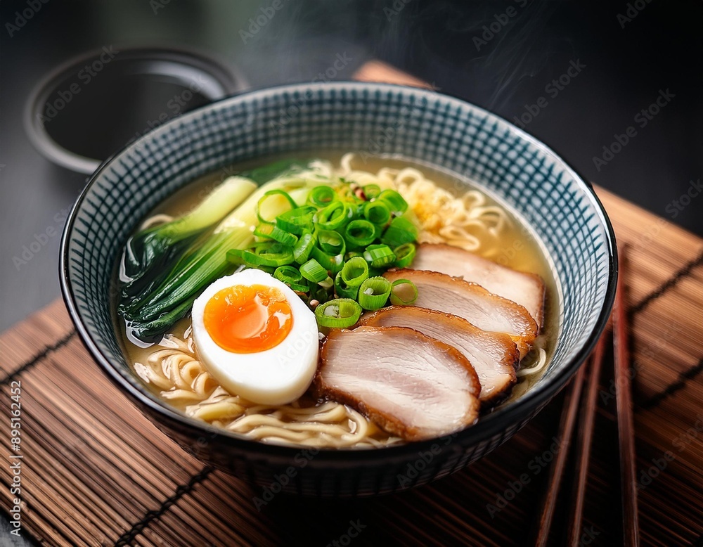 A steaming bowl of ramen with rich broth, noodles, sliced pork, soft-boiled egg, and fresh A steaming bowl of ramen with rich broth, noodles, sliced pork, soft-boiled egg, and fresh