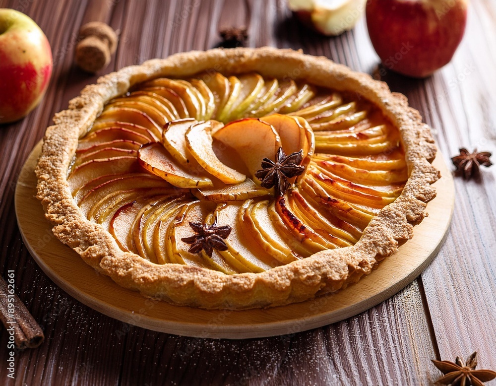 A rustic apple tart with a golden, flaky crust and caramelized apple slices. A rustic apple tart with a golden, flaky crust and caramelized apple slices.