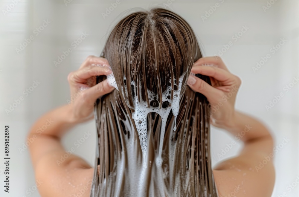Naklejka premium Woman Washing Her Hair in Shower