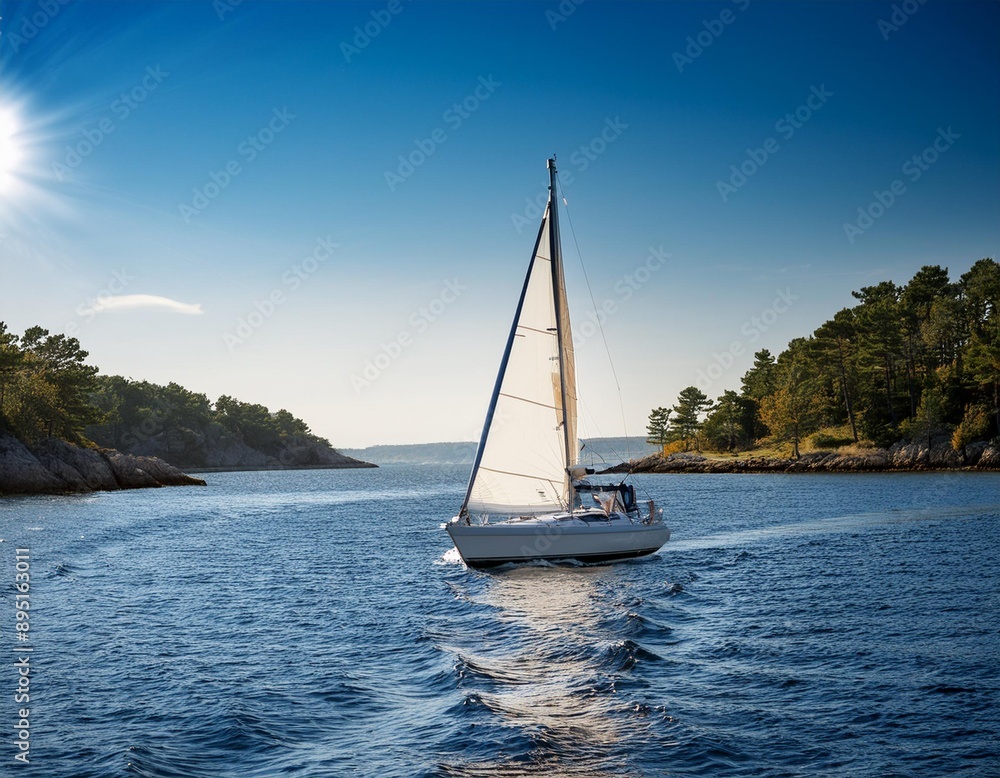 Obraz premium A sailboat gliding across a calm bay, with the sails catching the summer breeze and the sun