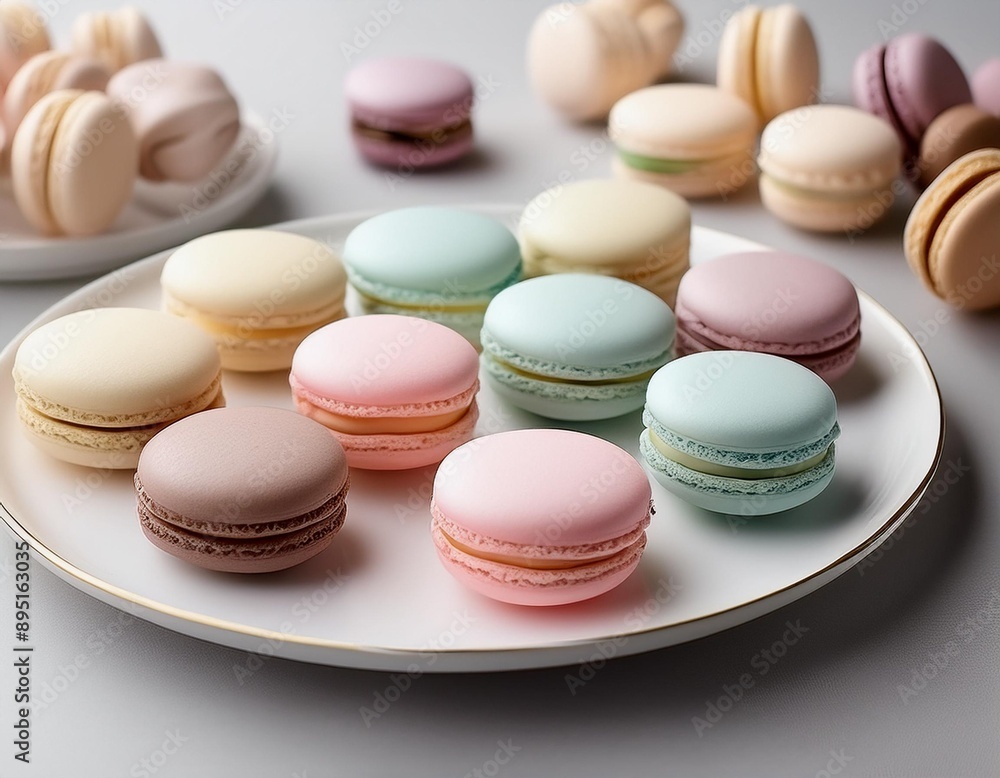 Obraz premium A selection of macarons in pastel colors, arranged neatly on a white plate.