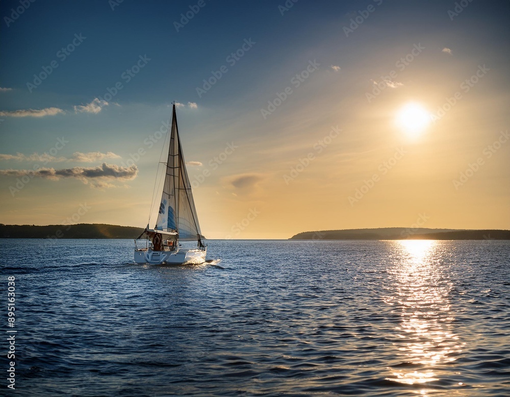 Fototapeta premium A sailboat gliding across a calm bay, with the sails catching the summer breeze and the sun