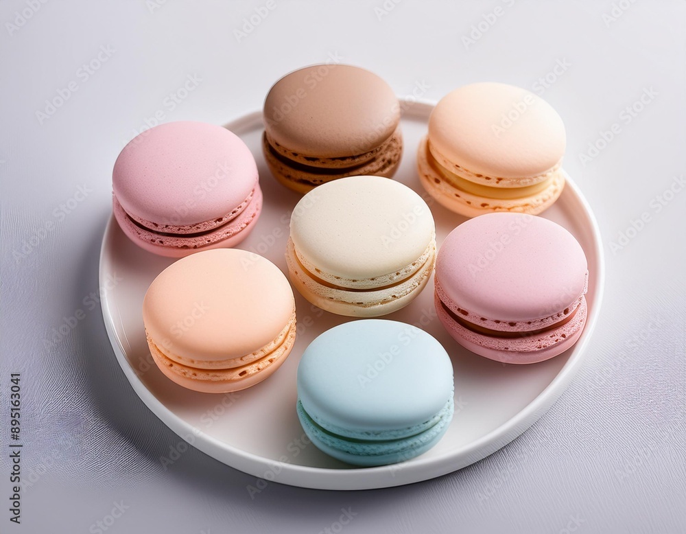 A selection of macarons in pastel colors, arranged neatly on a white plate. A selection of macarons in pastel colors, arranged neatly on a white plate.