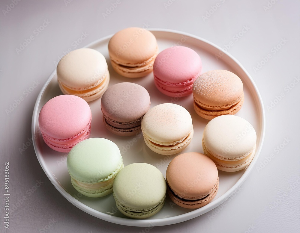 A selection of macarons in pastel colors, arranged neatly on a white plate. A selection of macarons in pastel colors, arranged neatly on a white plate.