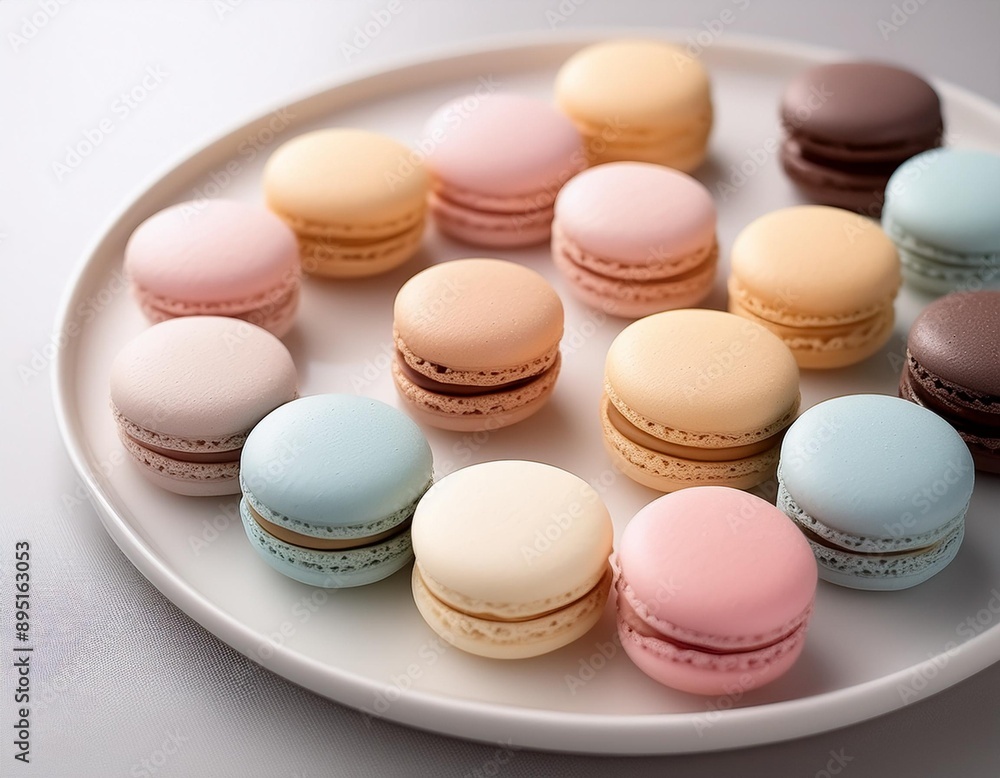A selection of macarons in pastel colors, arranged neatly on a white plate. A selection of macarons in pastel colors, arranged neatly on a white plate.