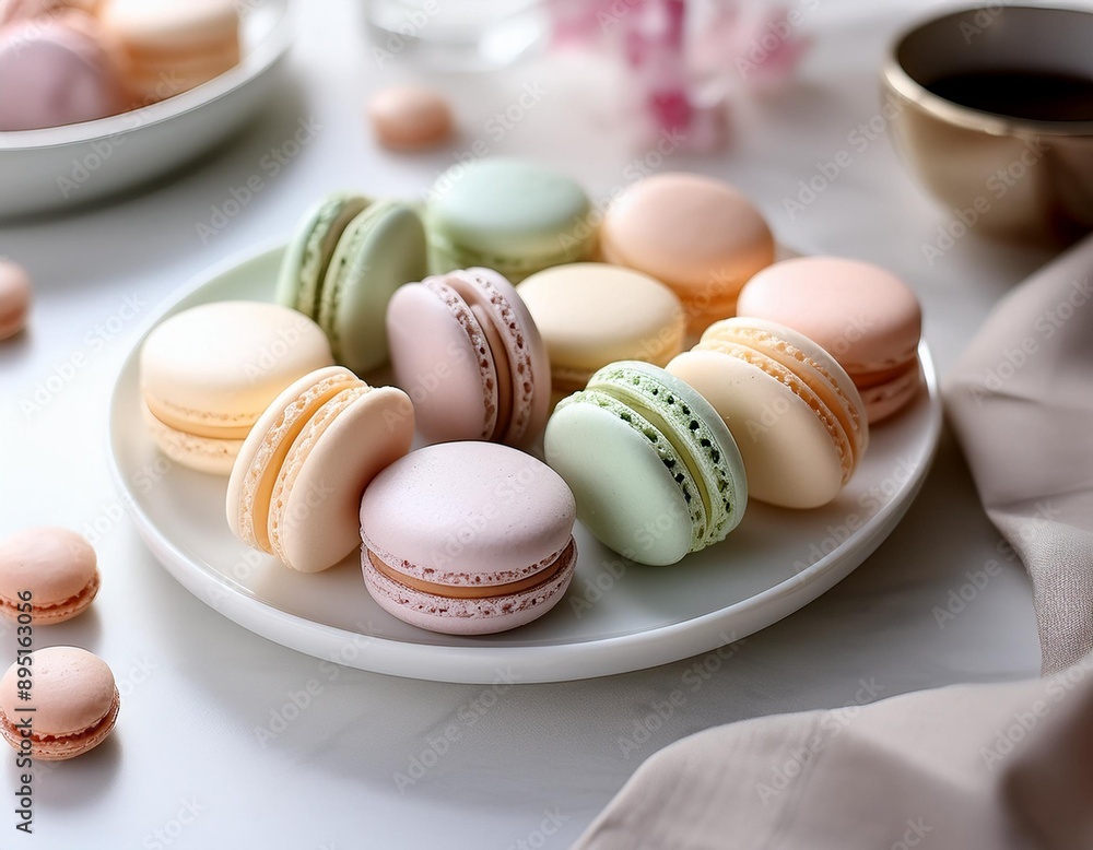 A selection of macarons in pastel colors, arranged neatly on a white plate. A selection of macarons in pastel colors, arranged neatly on a white plate.