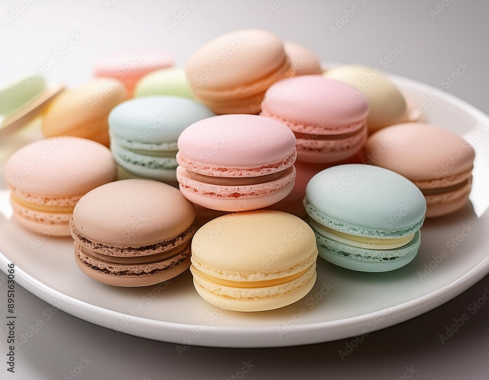 A selection of macarons in pastel colors, arranged neatly on a white plate.