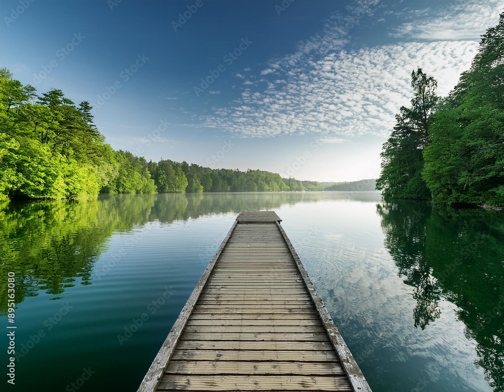 A serene lakeside scene with a wooden dock extending into the calm water, surrounded by lush A serene lakeside scene with a wooden dock extending into the calm water, surrounded by lush