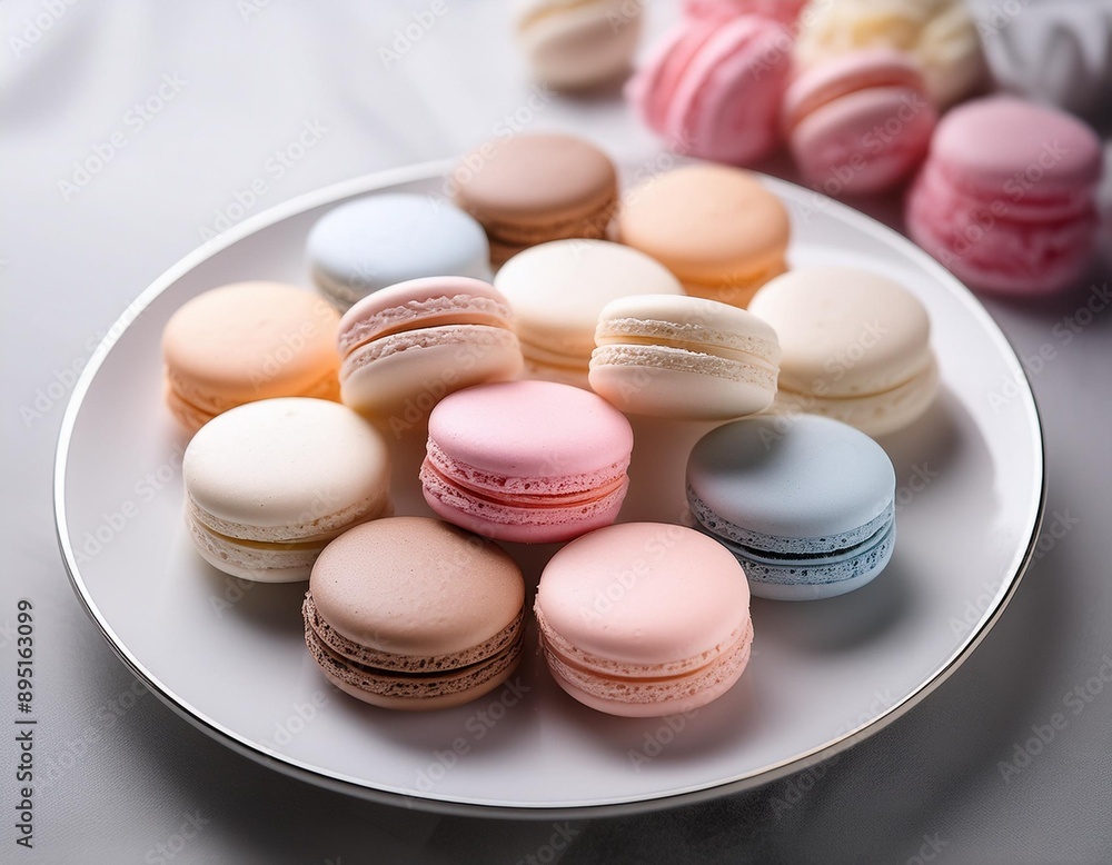 A selection of macarons in pastel colors, arranged neatly on a white plate. A selection of macarons in pastel colors, arranged neatly on a white plate.
