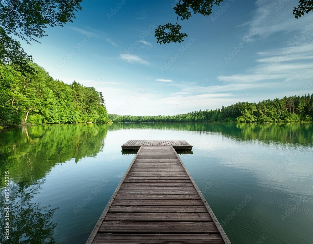A serene lakeside scene with a wooden dock extending into the calm water, surrounded by lush A serene lakeside scene with a wooden dock extending into the calm water, surrounded by lush