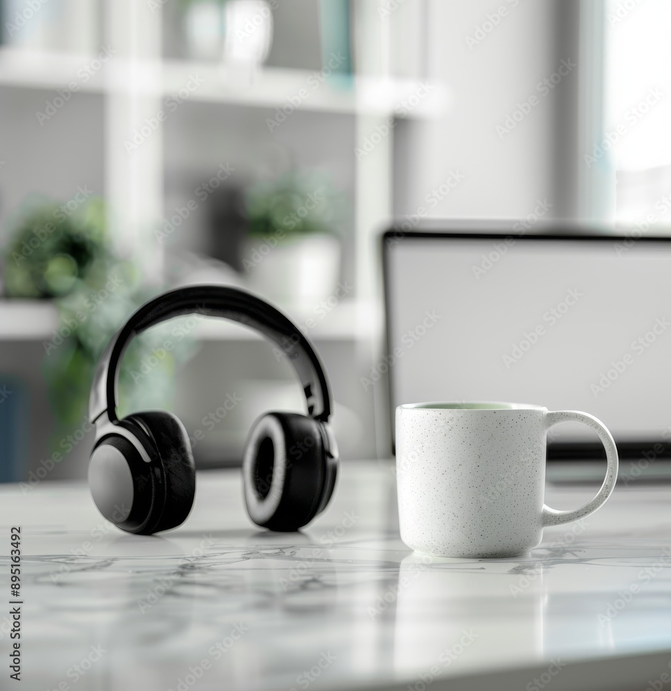 Headphones and Coffee on a White Desk Headphones and Coffee on a White Desk