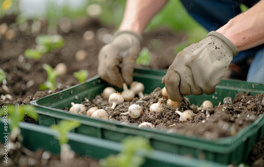 Fototapeta premium Planting Bulbs in a Garden Bed