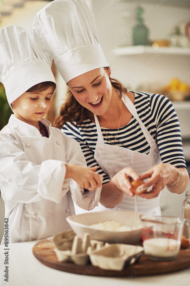 Mom, teaching or kid with eggs to bake in kitchen for growth development, education or skills in family home. Mother, happy chef or child learning pastry recipe for bonding, cooking food or dessert Mom, teaching or kid with eggs to bake in kitchen for growth development, education or skills in family home. Mother, happy chef or child learning pastry recipe for bonding, cooking food or dessert